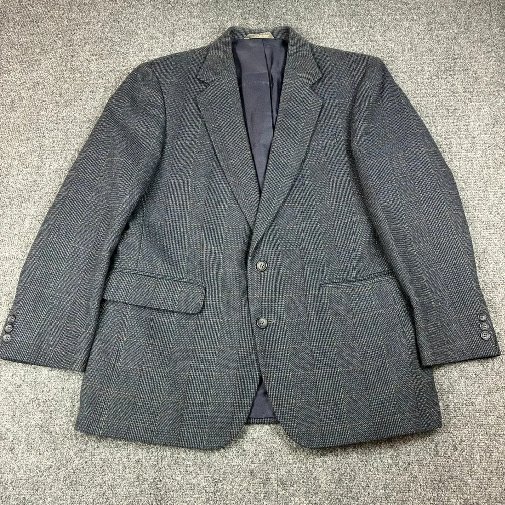 Haggar Mens Plaid Blazer Sport Coat Grey Blue Windowpane Two‎ Button Jacket 42
